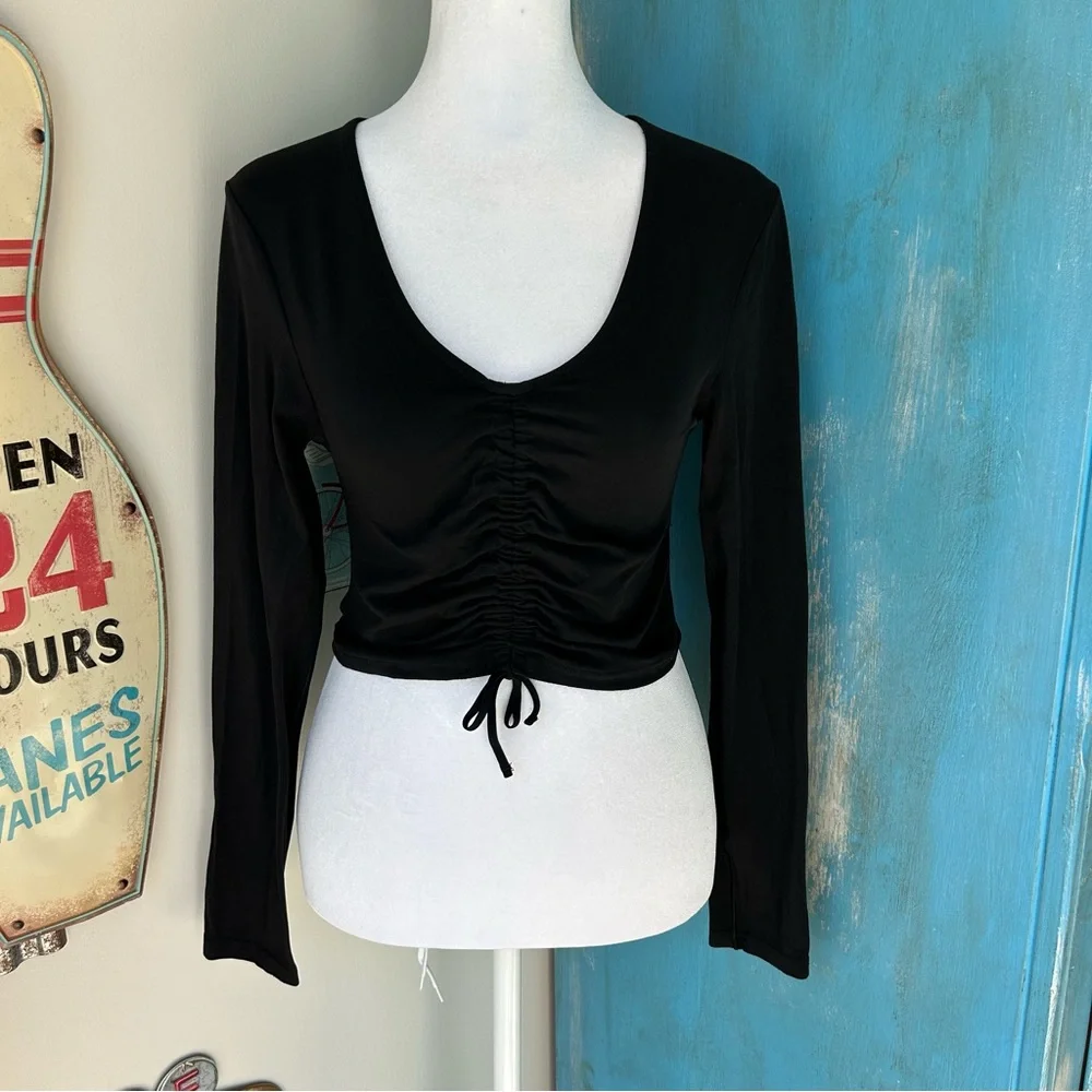 OFFLINE By Aerie Real Me Ruched Front Black Long Sleeve Top